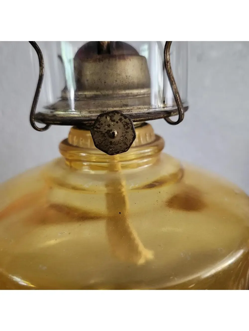 Large Vintage Amber Glass Hurricane Oil Lamp Scroll Design Wheat Print Globe